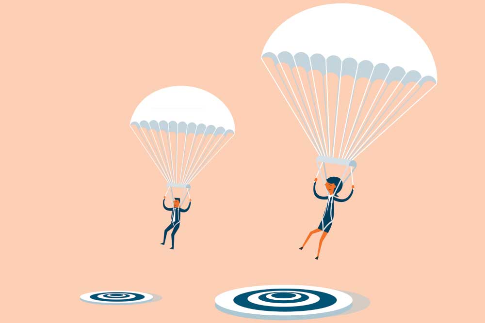 Landing page vs home page instruction blog graphic 2 parachutes landing on target